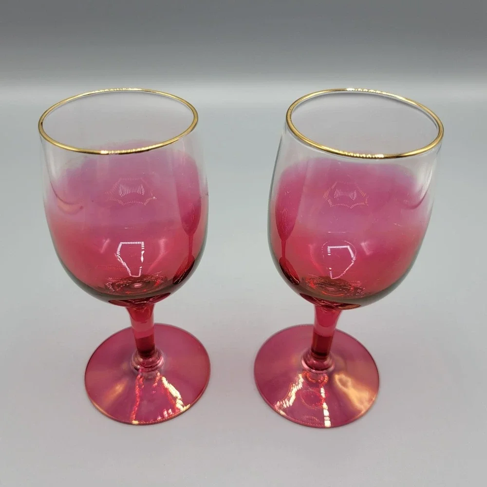 Vintage Set Of 2 MCM Cranberry Ombre Wine Glasses With Gold Rim Accent #2